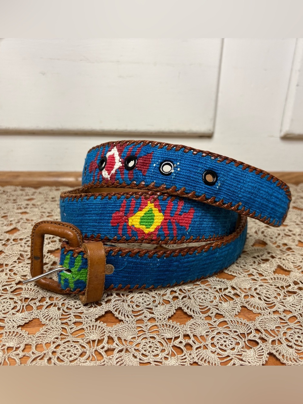 Guatemalan Embroidered Colorful Southwestern Boho Leather Belt Size 42